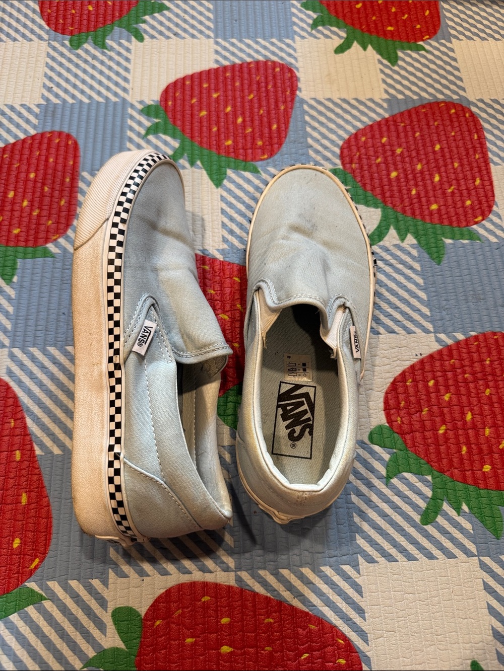 Vans Kids Slip-On Sneakers in Pale Blue with Checkerboard Trim
